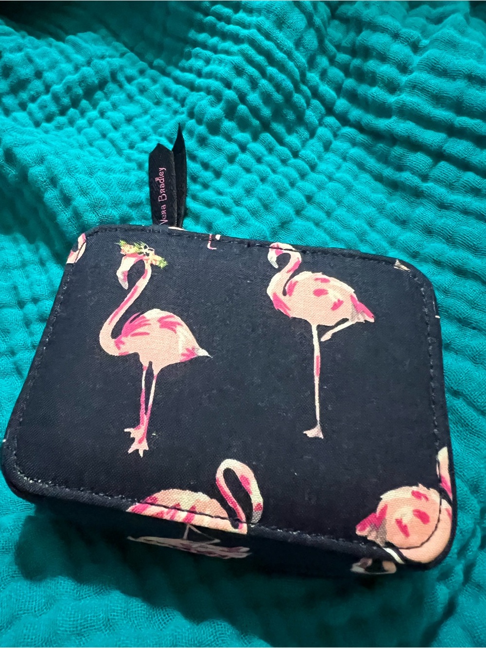 Vera Bradley Navy Flamingo Print medicine storage case.